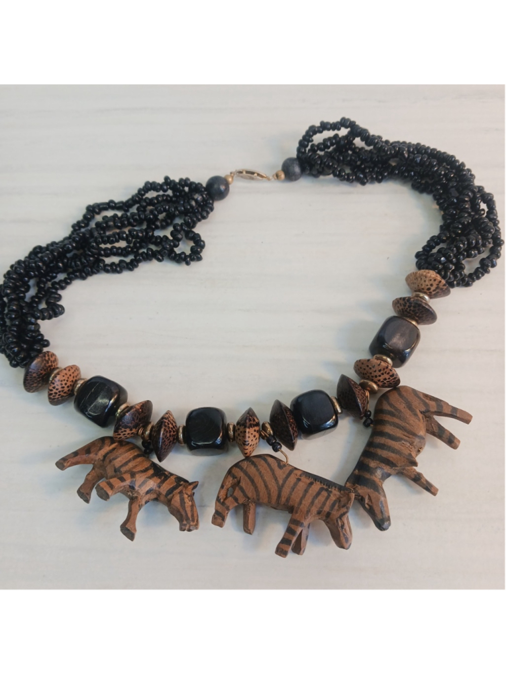 Vtg Carved Wood African Safari Animal Bead Necklace 15” Zebra Chunky Statement